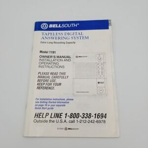 Vintage 1994 Bellsouth Answering Machine Manual Model 1191